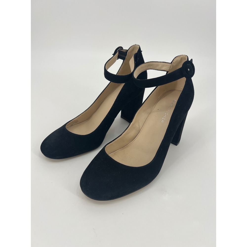 Marc Fisher Zala Black Suede Block Heel Ankle Strap Pumps Size 6.5M